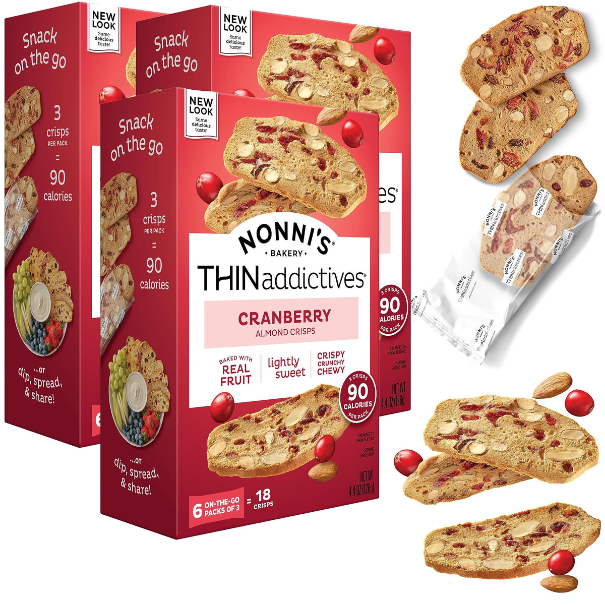 Nonni's Thin Addictives Cranberry Almond Thins front pack view, ideal snack for busy days