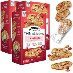 Nonni's Thin Addictives Cranberry Almond Thins front pack view, ideal snack for busy days