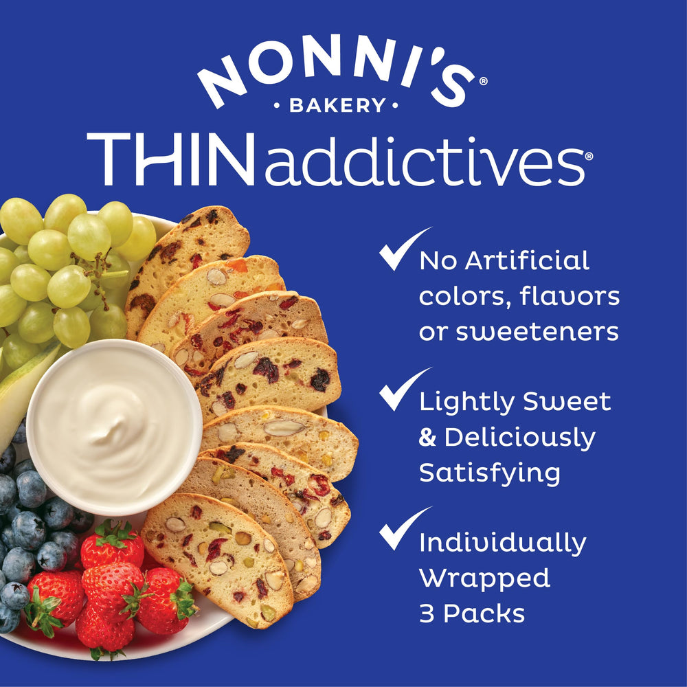 Nonni's Thin Addictives Cranberry Almond Thins packaging image, convenient three-pack for pantry rotation
