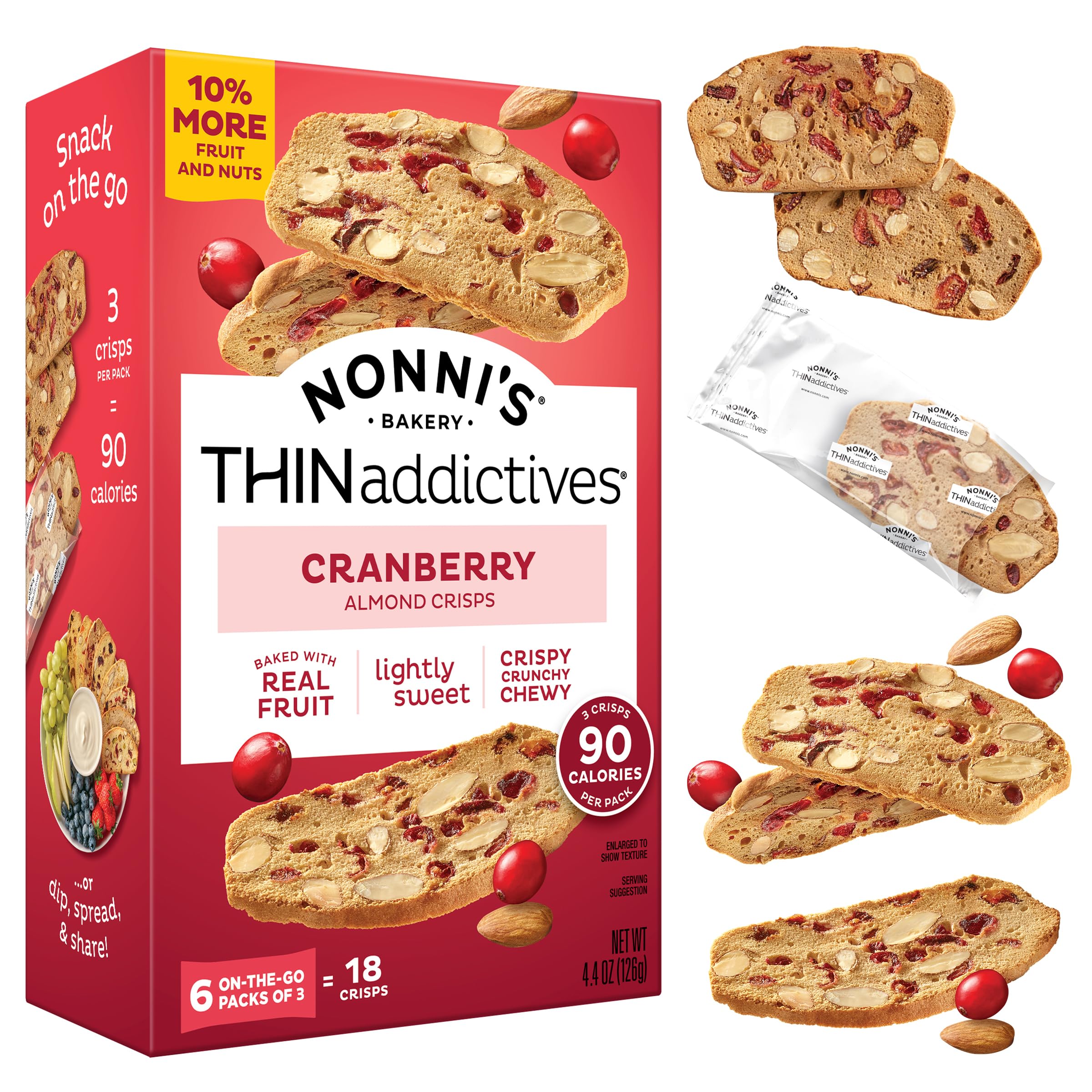 Nonni's THINaddictives Cranberry Almond Crisps close-up showing crunchy texture for a snack