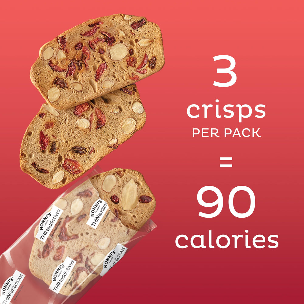 Three individually wrapped crisps from Nonni's THINaddictives for on-the-go snacking