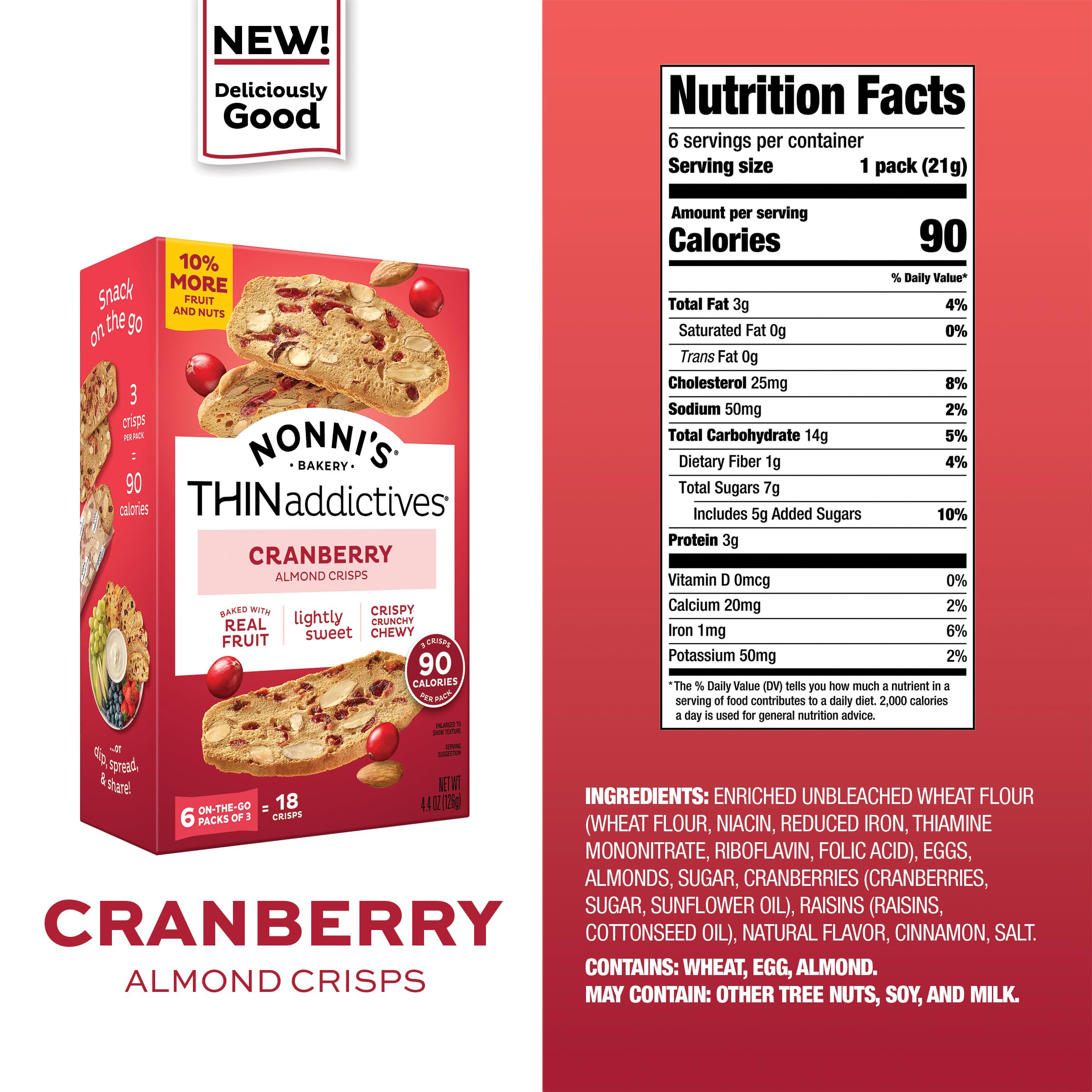 Packaged Nonni's THINaddictives Cranberry Almond Crisps in a six-pack for on-the-go