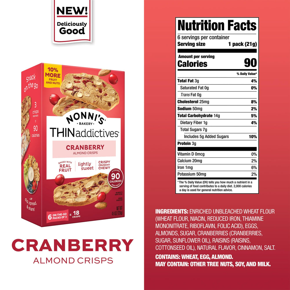 Packaged Nonni's THINaddictives Cranberry Almond Crisps in a six-pack for on-the-go