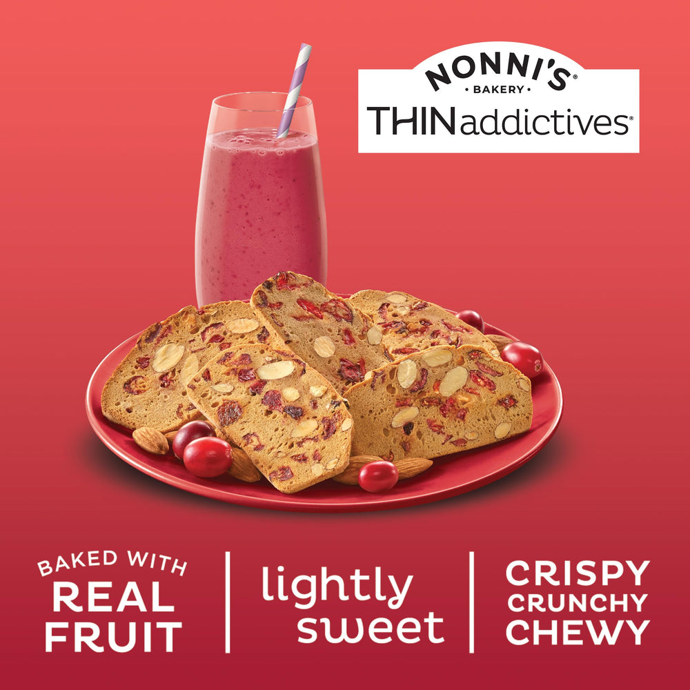 Twice-baked crisp texture highlights crunch in Nonni's THINaddictives Cranberry Almond