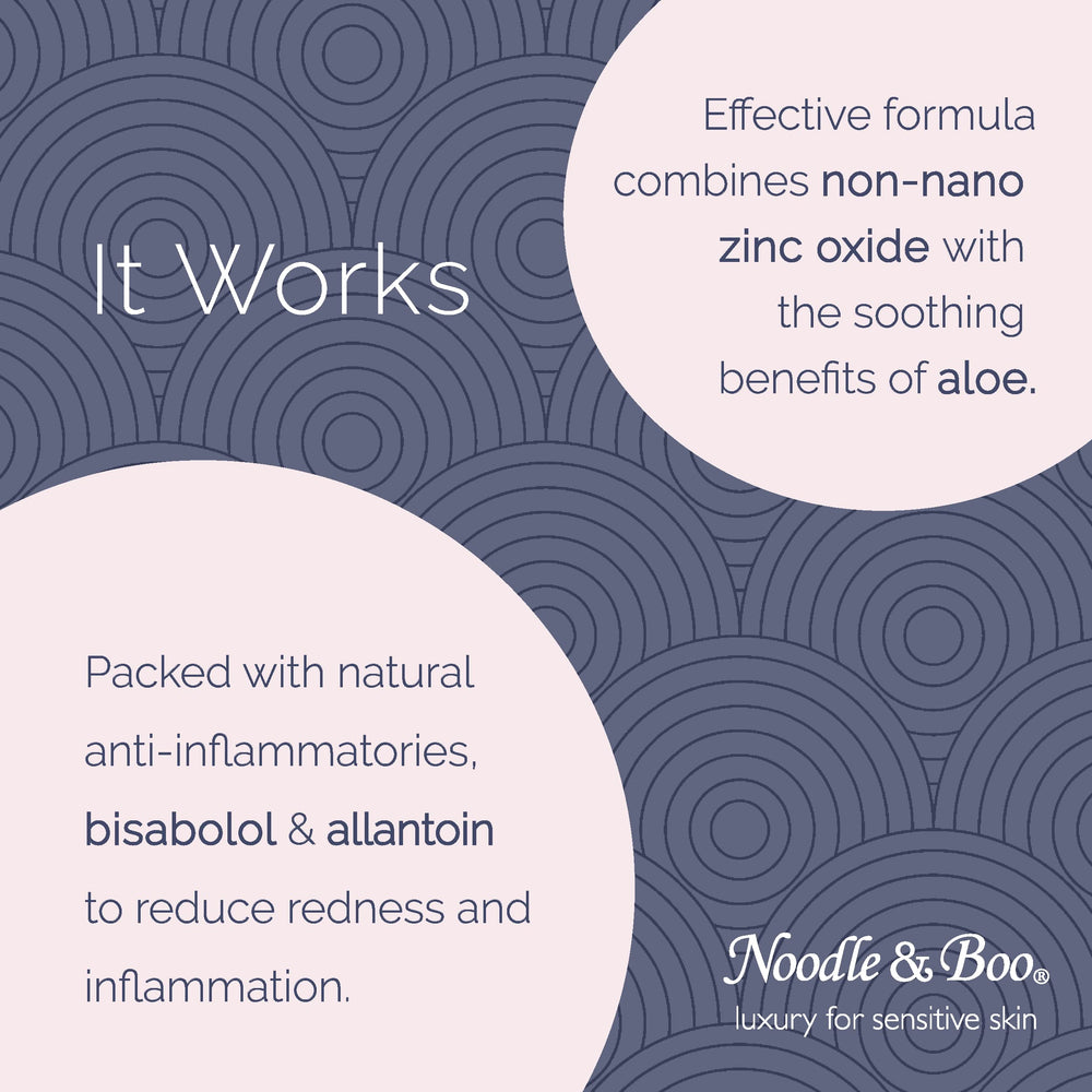 Aloe, allantoin, and bisabolol ingredients highlighted in Noodle & Boo formula.