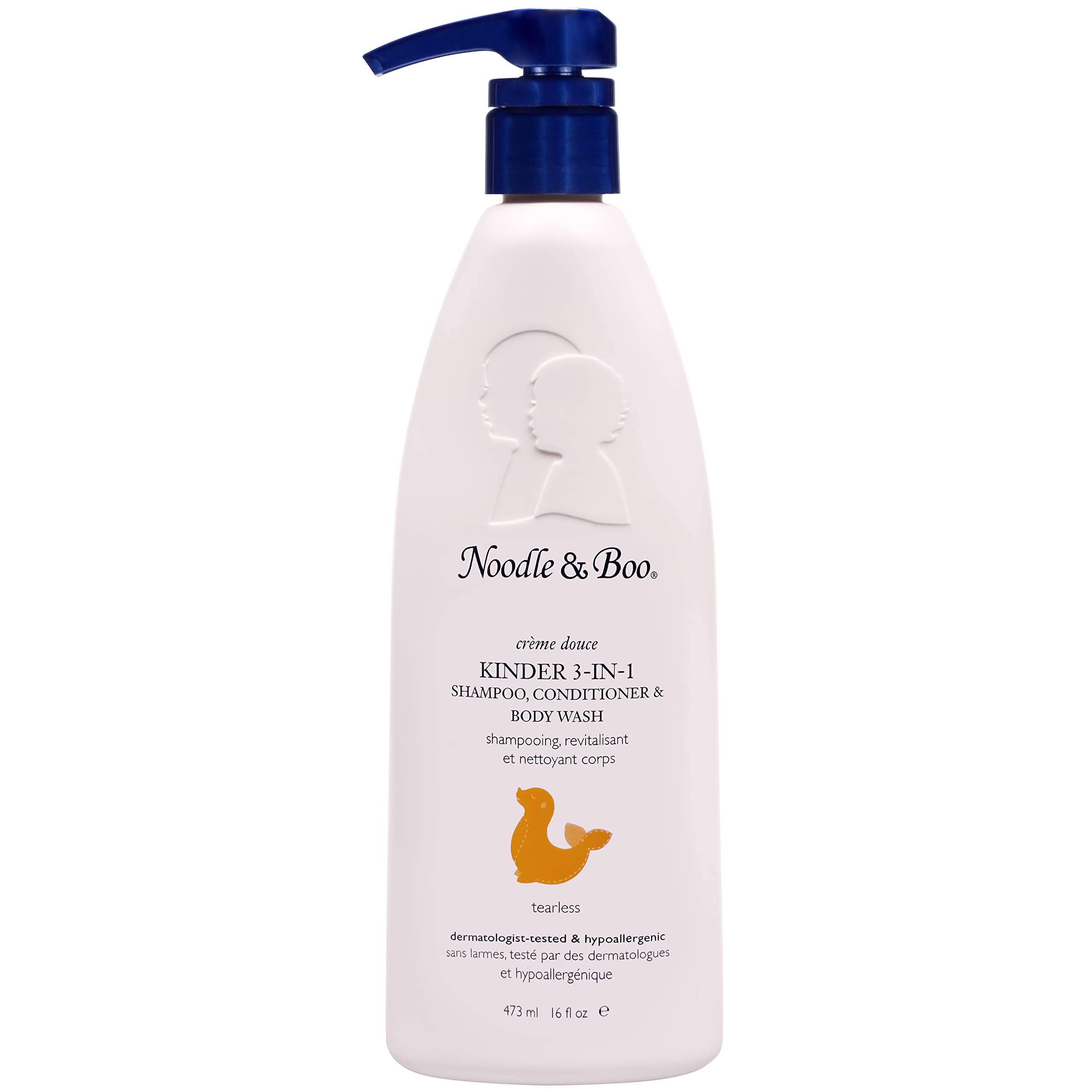 Noodle & Boo Kinder 3-in-1 bottle pour shows gentle wash for baby's hair and skin.