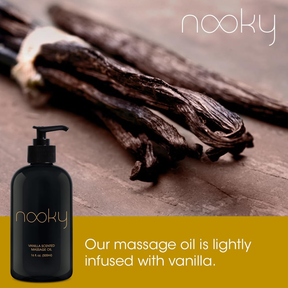 NOOKY Bottle and oil in hand demonstrating non-greasy finish.