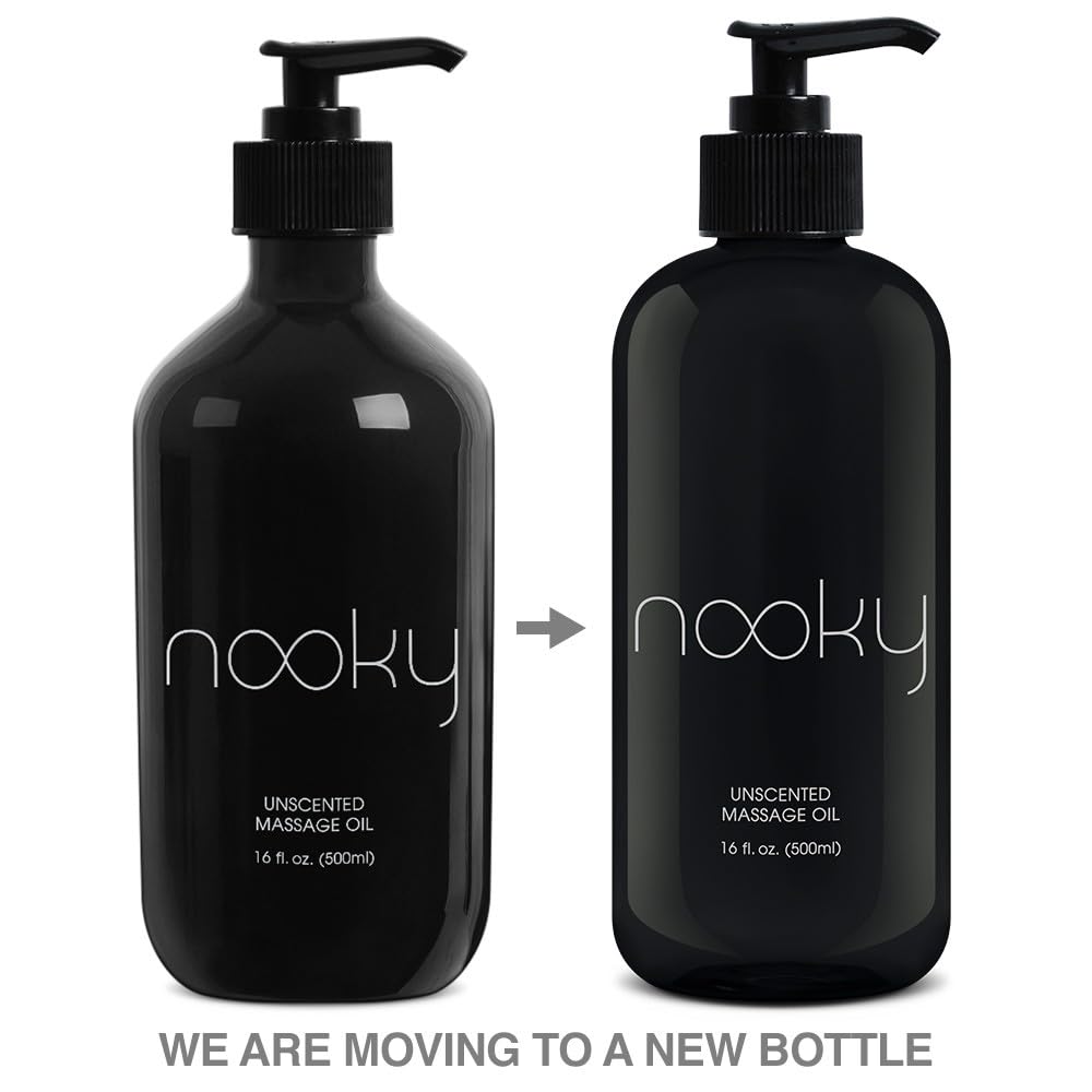 Nooky Unscented Massage Oil flatlay emphasizing versatile spa-ready bottle.