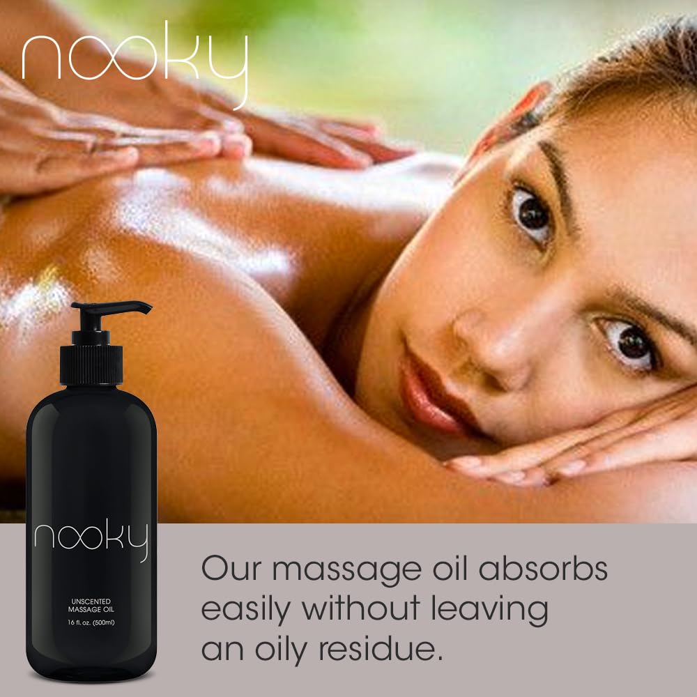 Nooky Unscented Massage Oil hand-application showing silky slip for comfortable sessions.