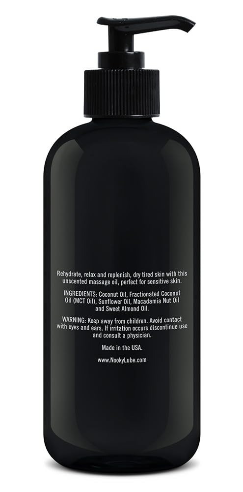 Nooky Unscented Massage Oil label closeup communicates purity and quality.