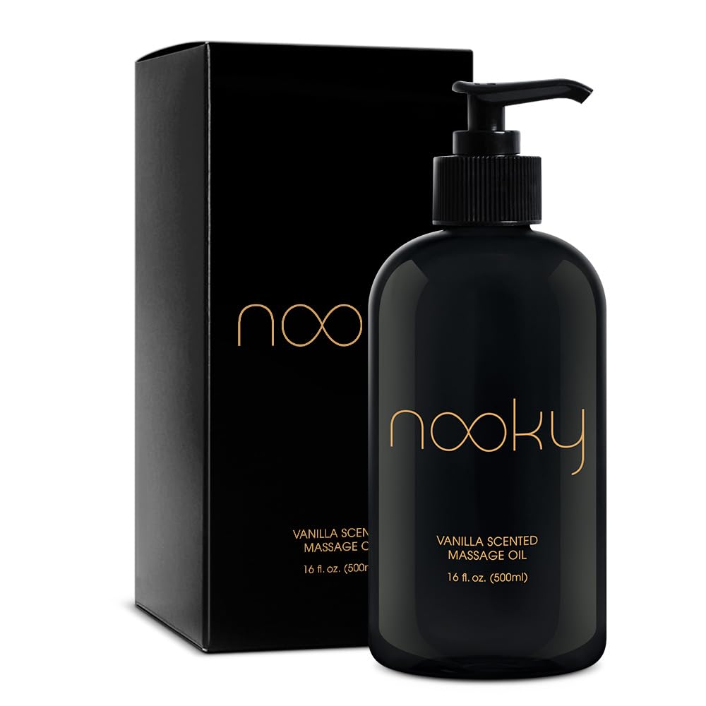NOOKY Vanilla Massage Oil bottle on wood surface for smooth, hydrated skin.