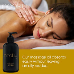 NOOKY Vanilla Massage Oil texture spread on skin showing quick absorption.