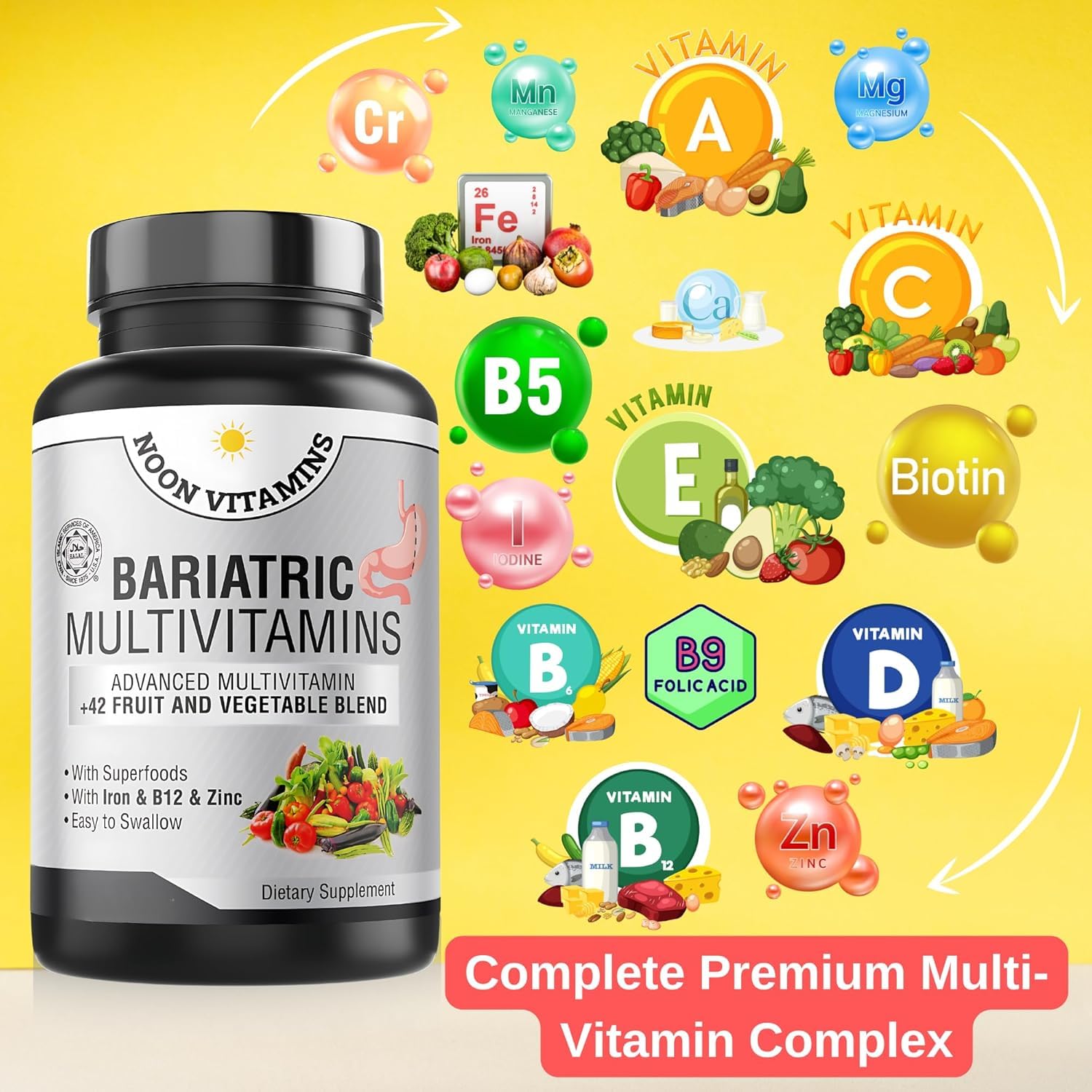 Illustration of NOON VITAMINS 42-superfood blend offering vibrant nutrient variety.