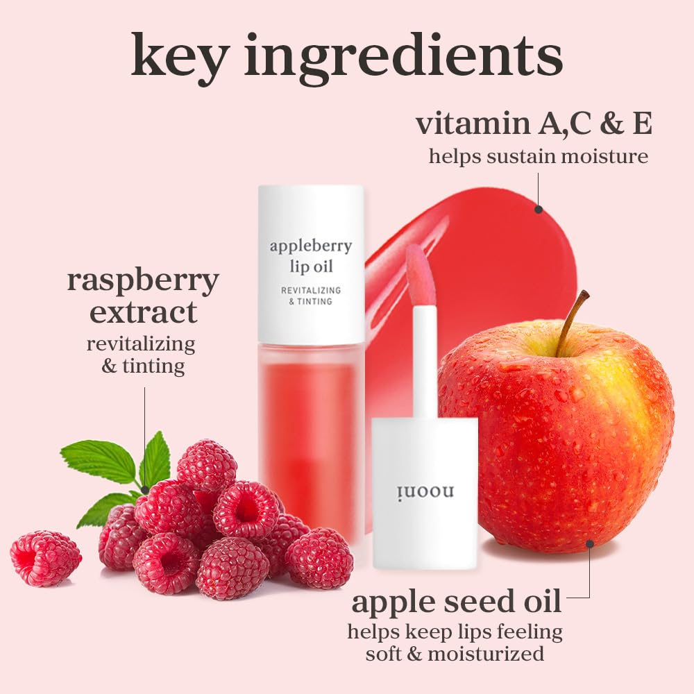 Applefig lip oil swatch from NOONI shows rosy tint and smooth lips.