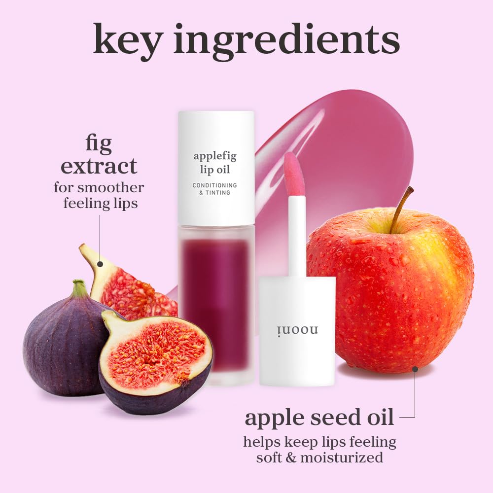 Glossy finish on lips from NOONI Lip Oil highlights a hydrated appearance.