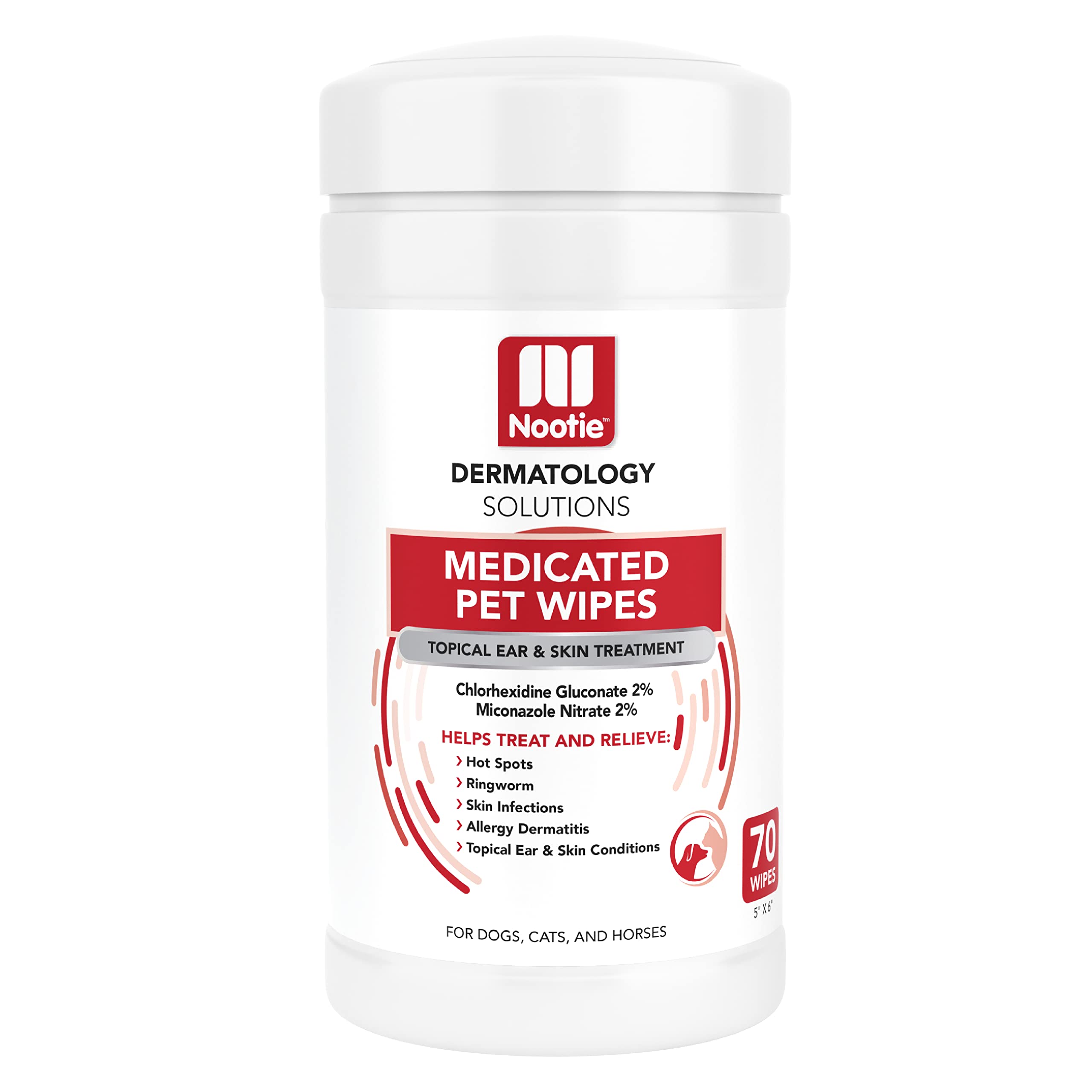 Nootie medicated wipes bottle and label; vet-strength blend for dogs and cats, supporting skin comfort.