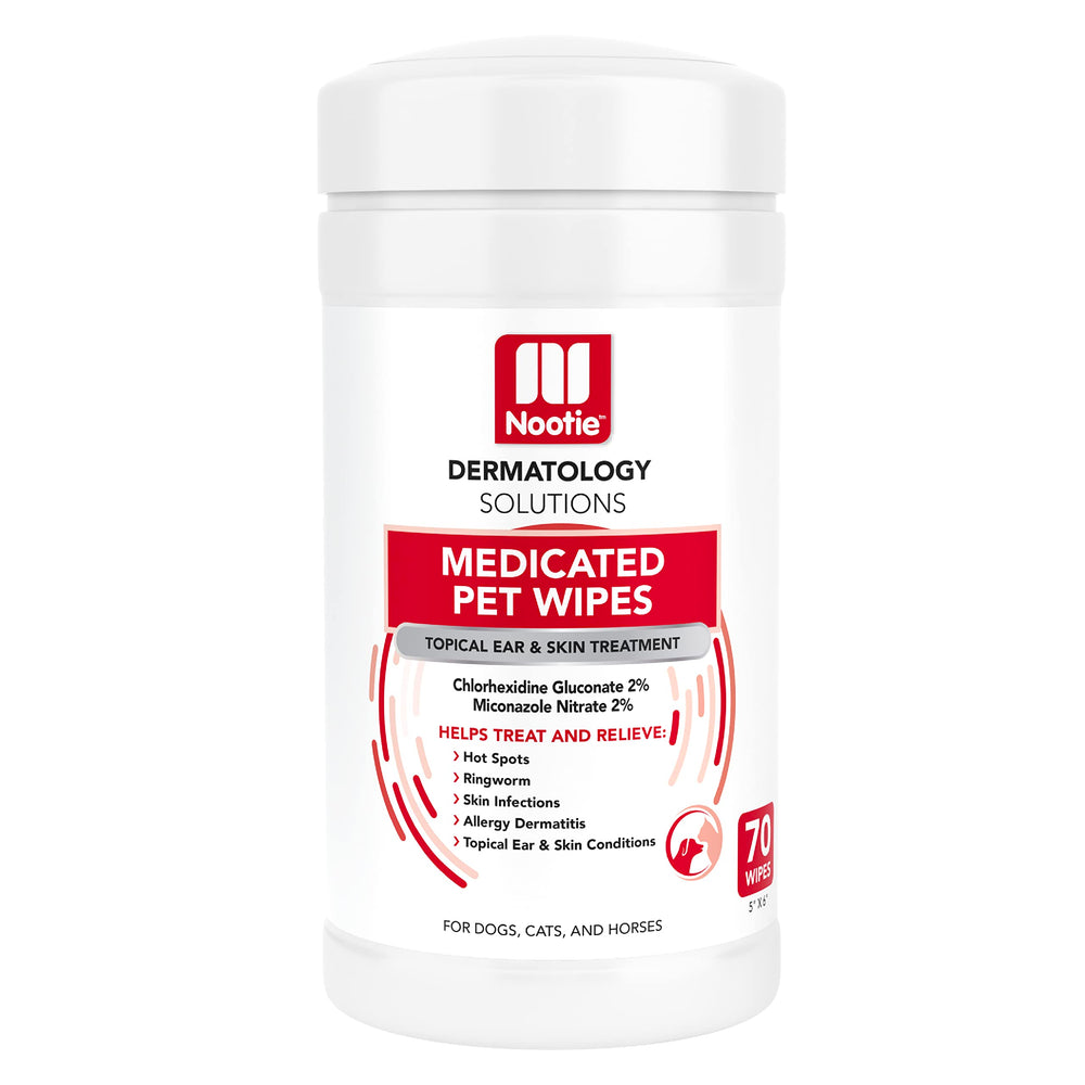 Nootie medicated wipes bottle and label; vet-strength blend for dogs and cats, supporting skin comfort.