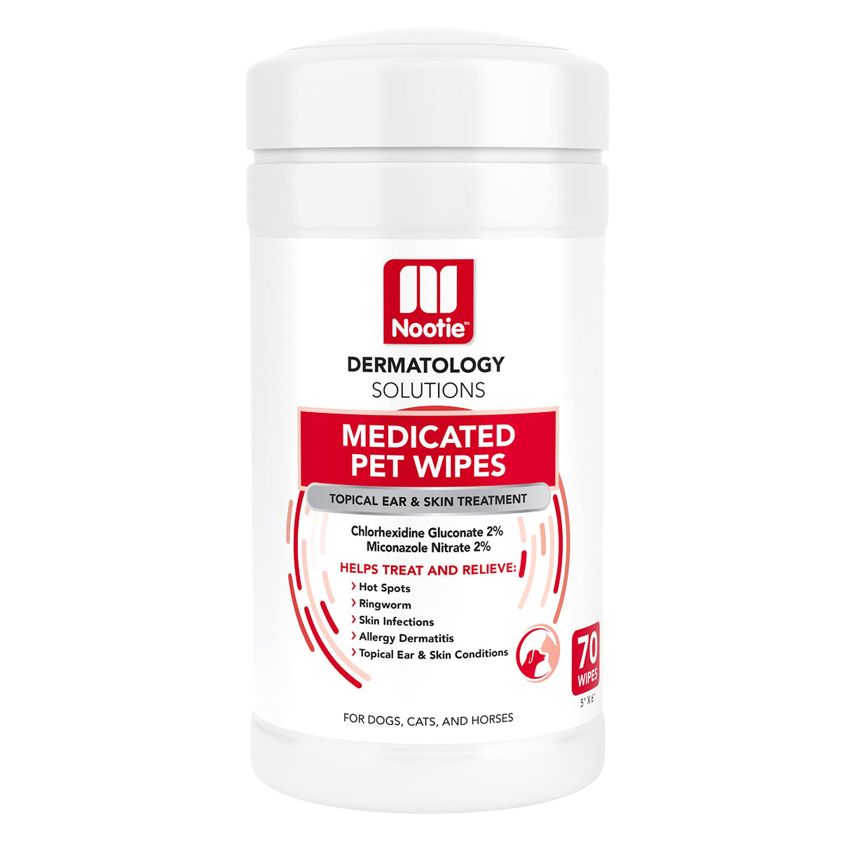 Nootie medicated wipes bottle and label; vet-strength blend for dogs and cats, supporting skin comfort.