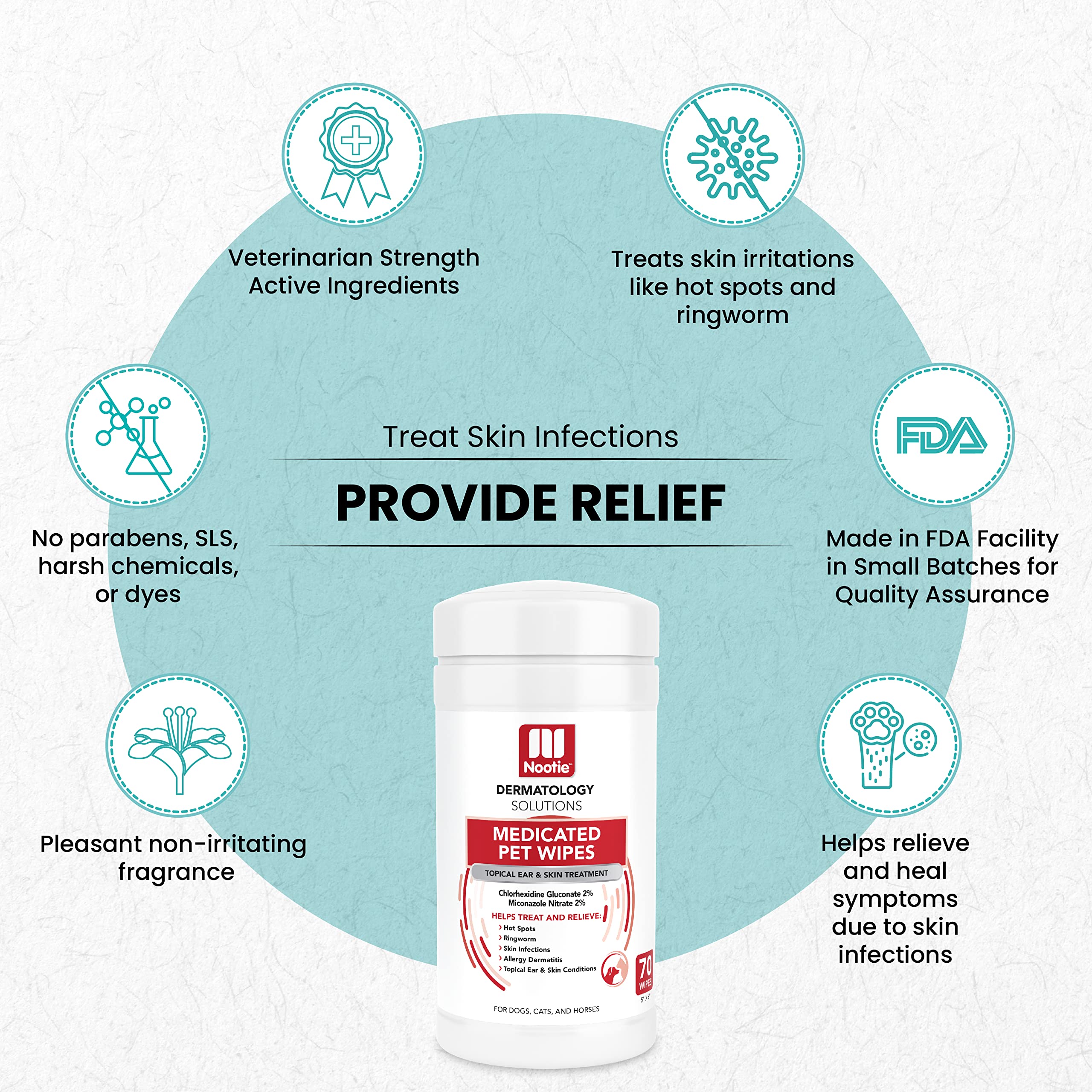 Nootie medicated wipes on cat application area for gentle cleansing.