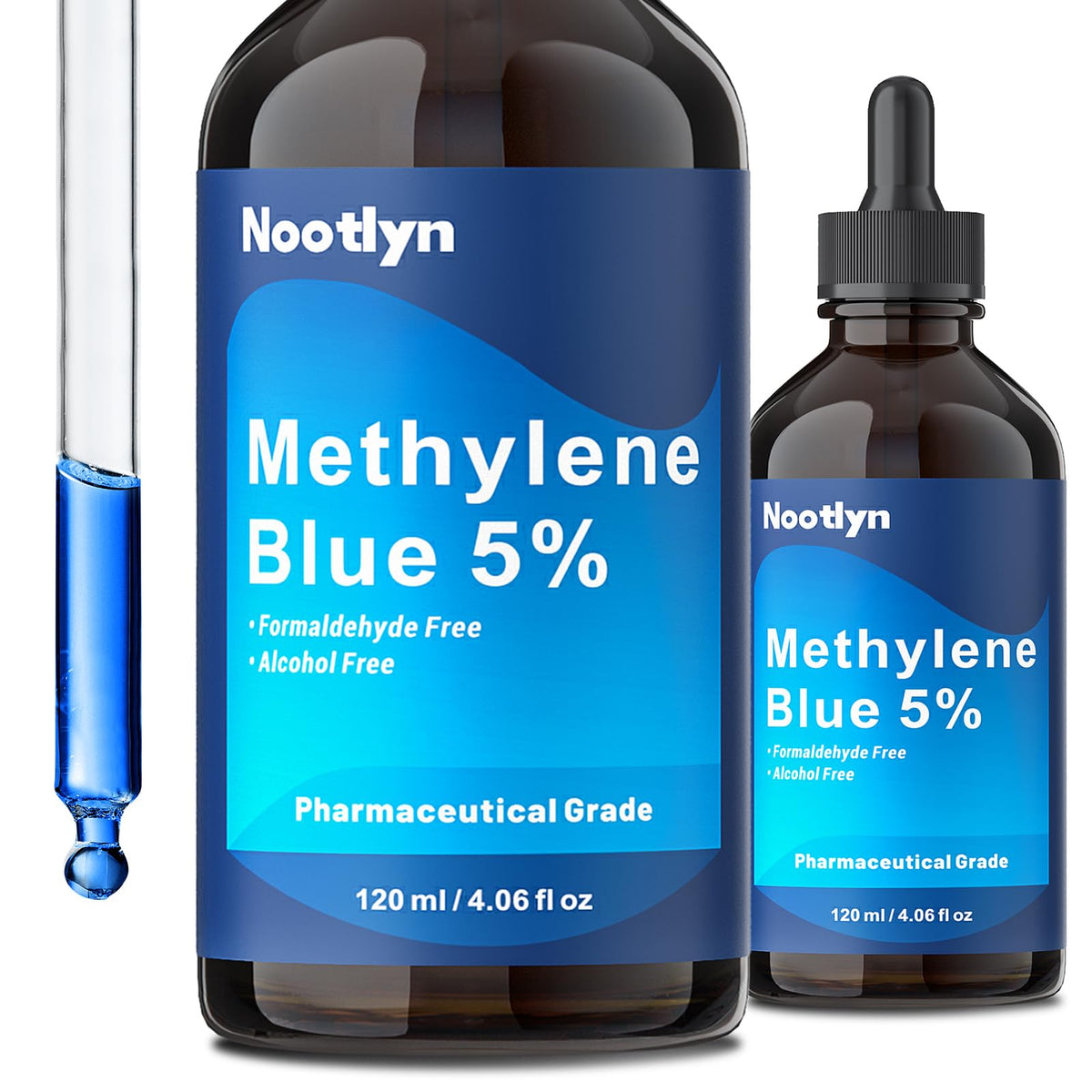 Nootlyn Methylene Blue Drops 120ml bottle front shows premium pharmaceutical-grade solution.