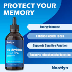 Nootlyn Methylene Blue Drops 120ml bottle side view highlights value and purity.