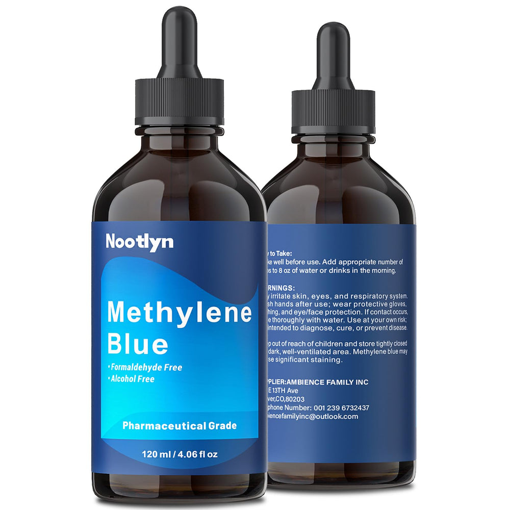 Nootlyn Methylene Blue Drops ready-to-mix with water or juice for easy use.