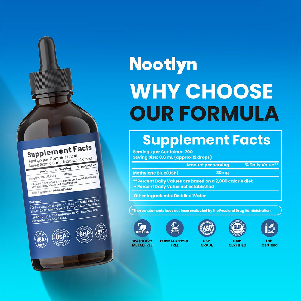 Nootlyn Methylene Blue Drops unmarked dropper demonstrates safer daily dosing.
