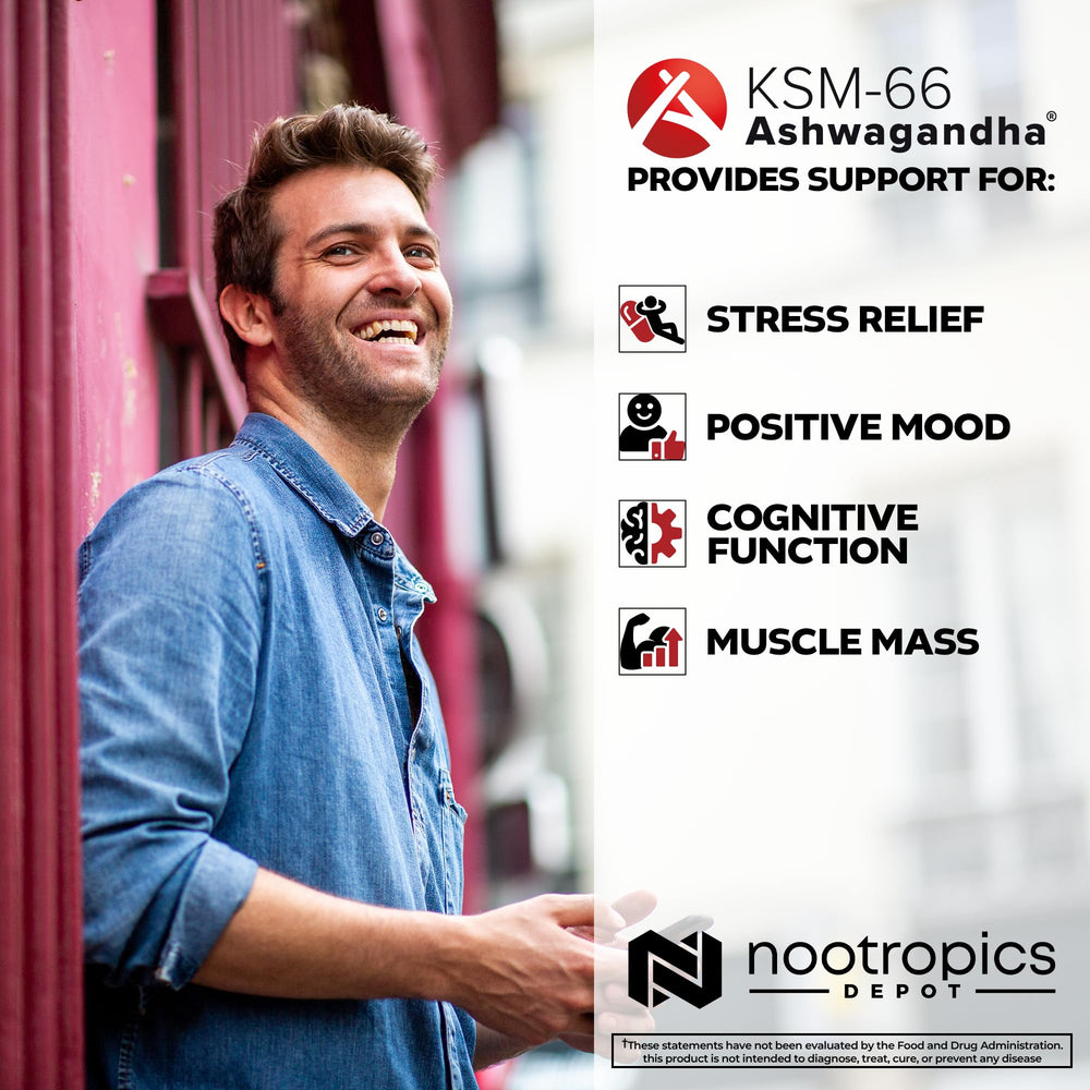 Nootropics Depot KSM-66 packaging box highlighting quality standards.