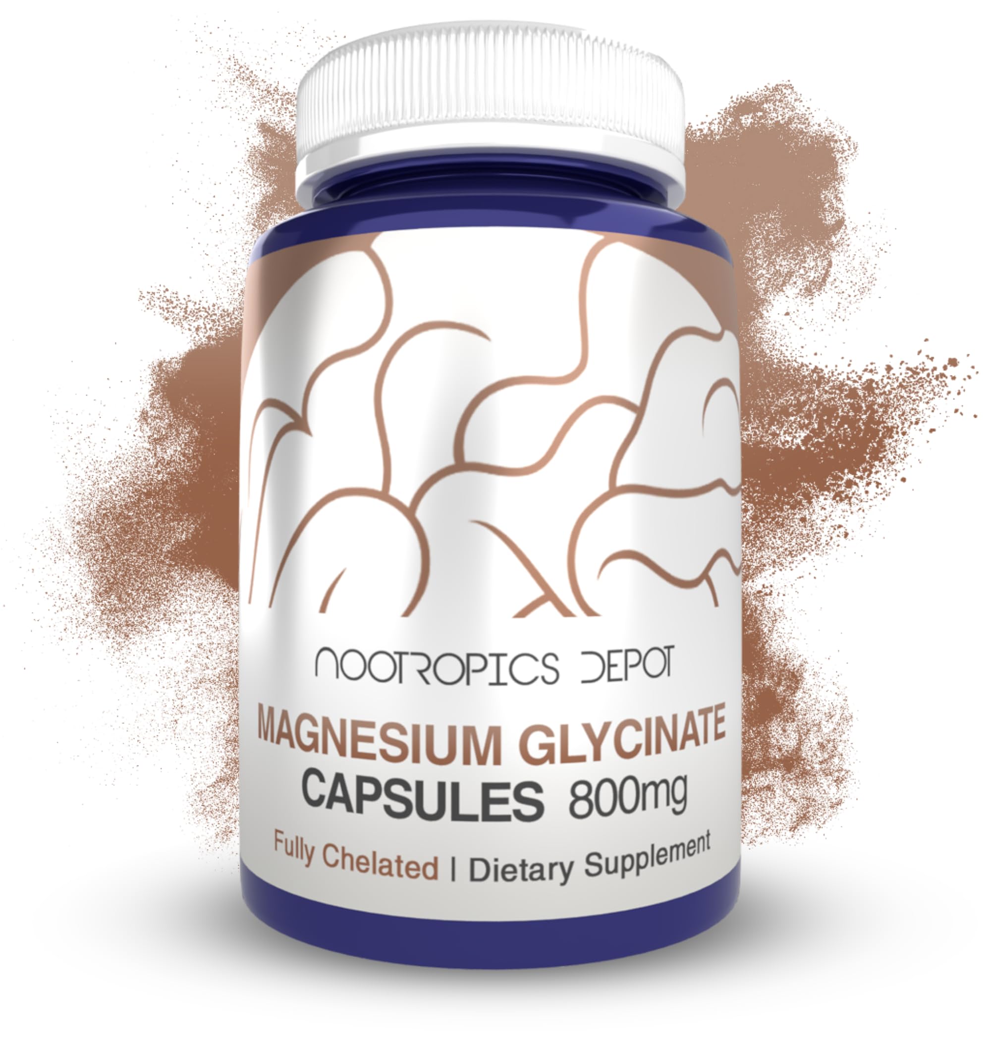 Nootropics Depot Magnesium Glycinate bottle promotes relaxed muscles and calm mood