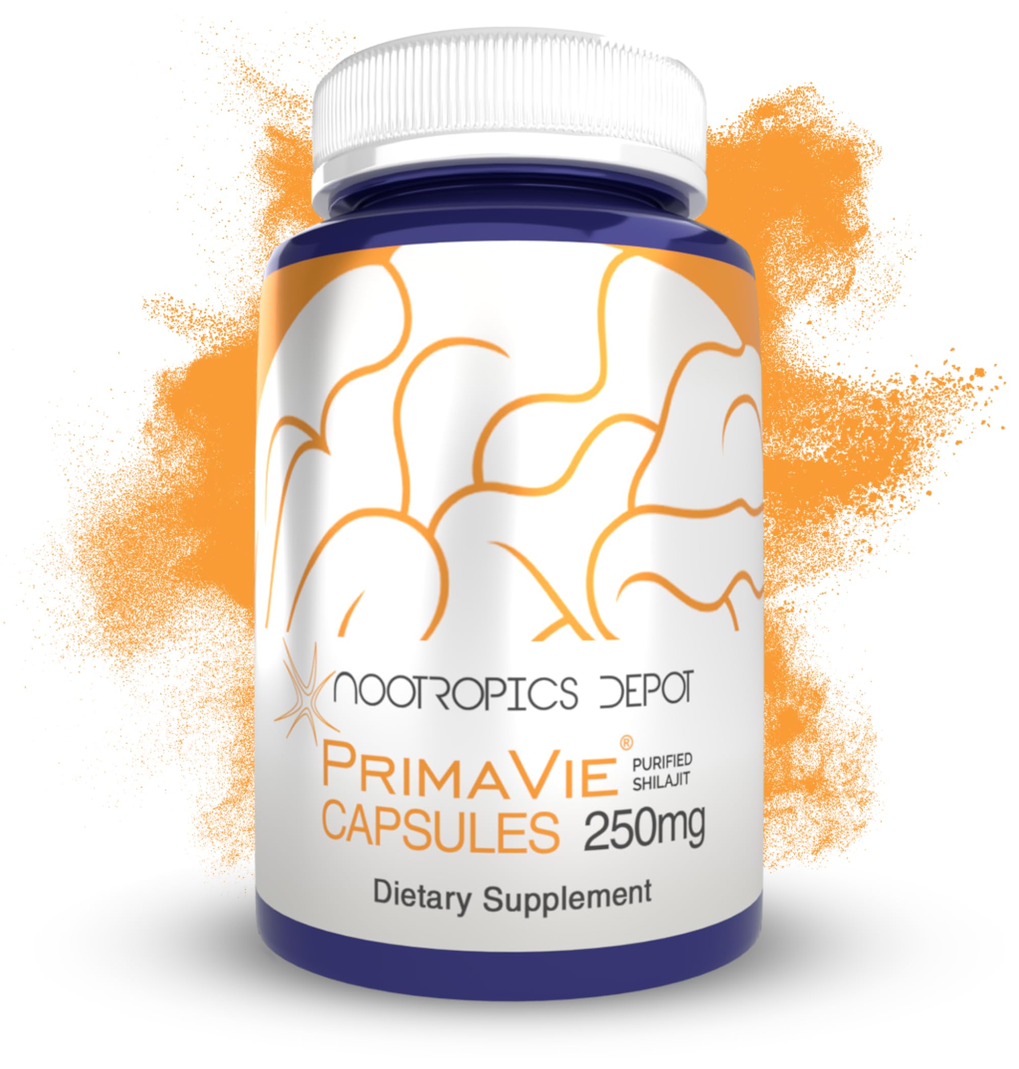 Nootropics Depot PrimaVie Shilajit capsules bottle showcasing purified extract for daily vitality