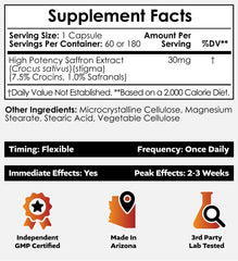 Nootropics Depot saffron capsules label close-up highlighting potency and standardization.