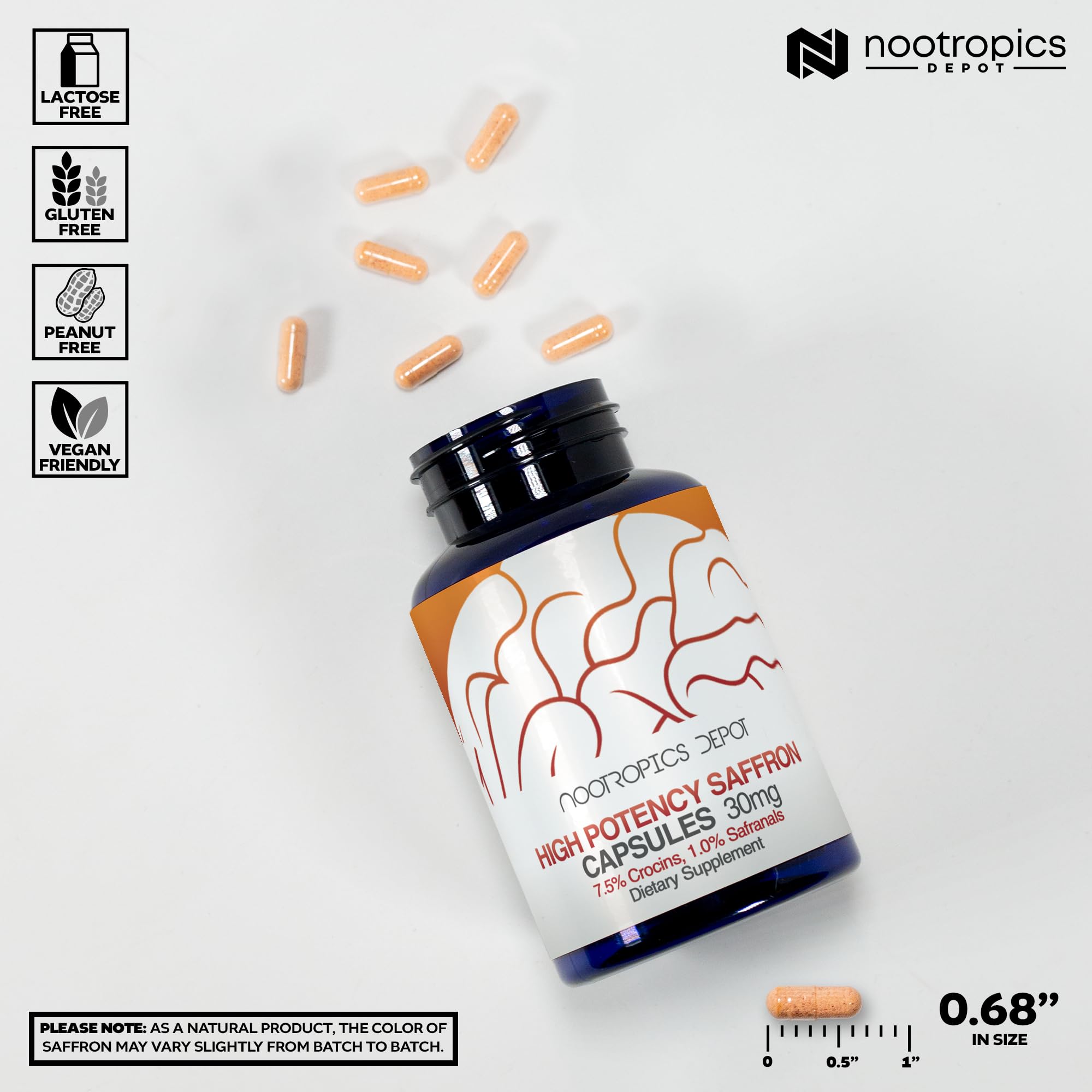 Nootropics Depot saffron capsules pour shot suggesting easy daily dosing.