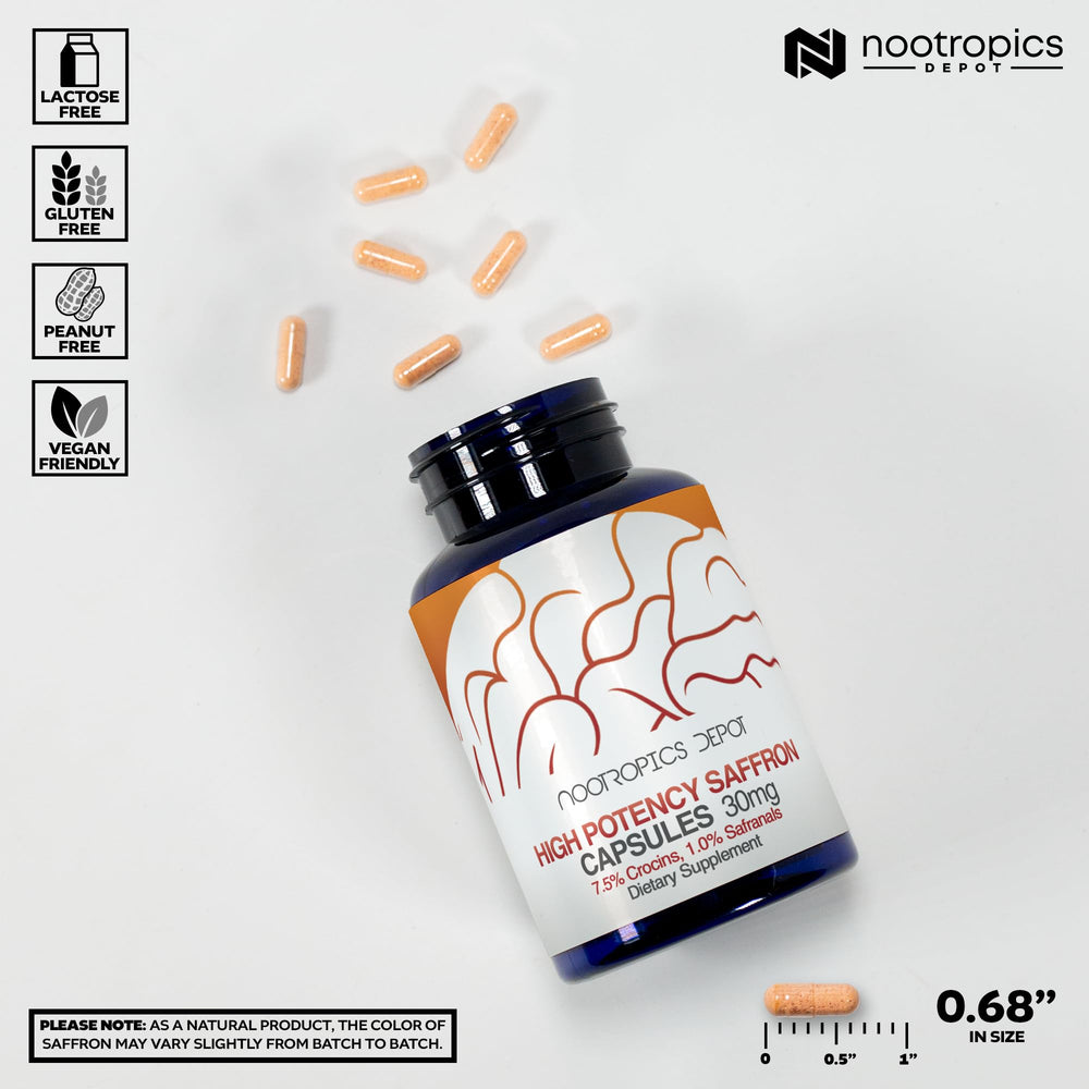 Nootropics Depot saffron capsules pour shot suggesting easy daily dosing.