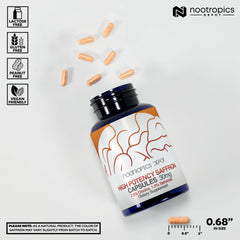 Nootropics Depot saffron capsules pour shot suggesting easy daily dosing.