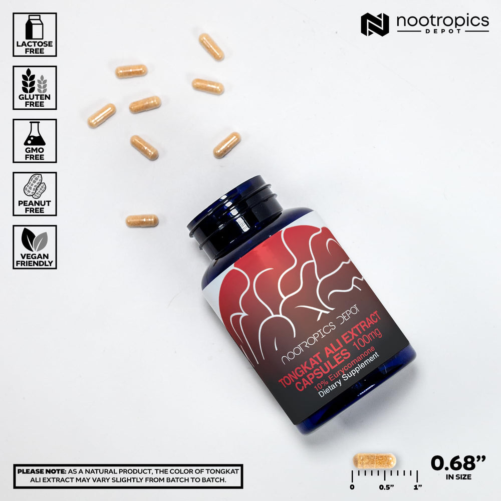 Nootropics Depot Tongkat Ali extract capsules label with 100 mg dosage per capsule.