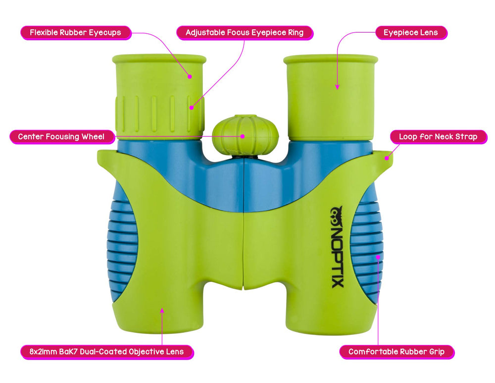 Noptix kids binoculars with adjustable eyecups for safe viewing.