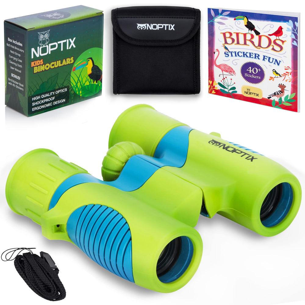Noptix kids binoculars in green and blue, front view for curious young explorers.