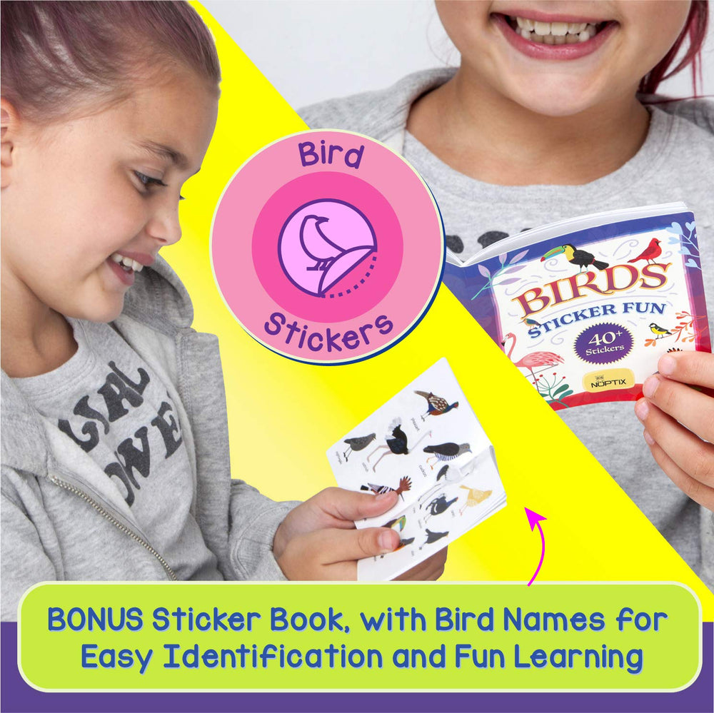 Noptix sticker book closeup showing bird names for learning.
