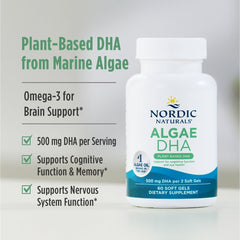 Nordic Naturals Algae DHA bottle with label close-up, vegan and non-GMO formulation.