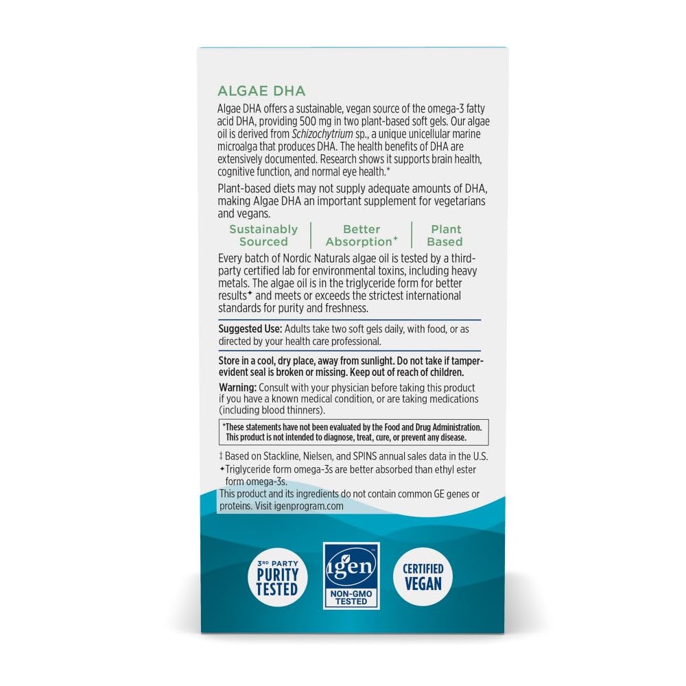 Nordic Naturals Algae DHA serving size card shows 45 servings for steady intake.