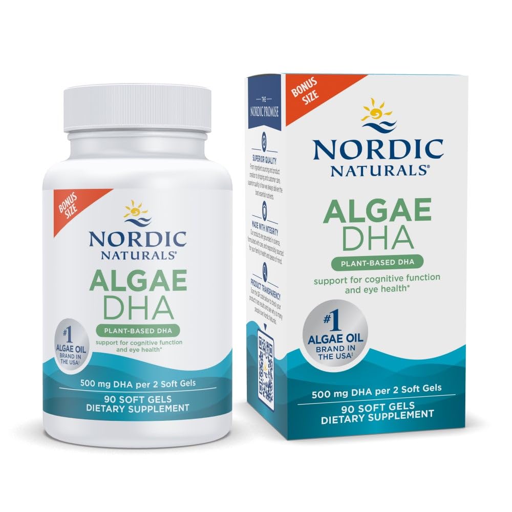Nordic Naturals Algae DHA softgels on the bottle front, easy-to-swallow plant-based omega-3.