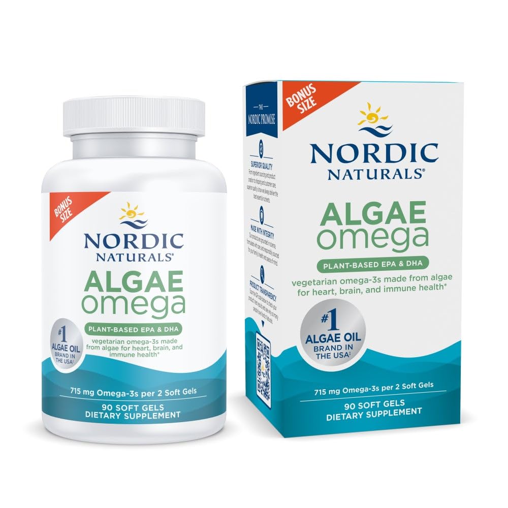 Nordic Naturals Algae Omega bottle pour shows vegan EPA and DHA for heart and brain wellness.