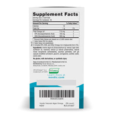 Closeup of Nordic Naturals Algae Omega softgels highlights plant-based omega-3 for daily wellness.