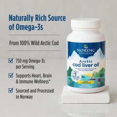 Nordic Naturals Arctic Cod Liver Oil label closeup highlights purity certifications and sustainable sourcing