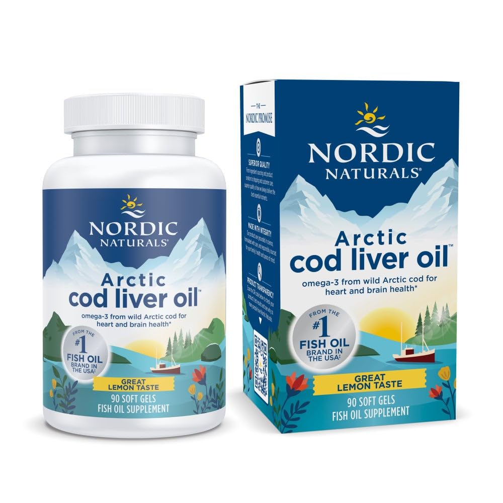 Nordic Naturals Arctic Cod Liver Oil lemon bottle, a source of omega-3s for heart and brain support