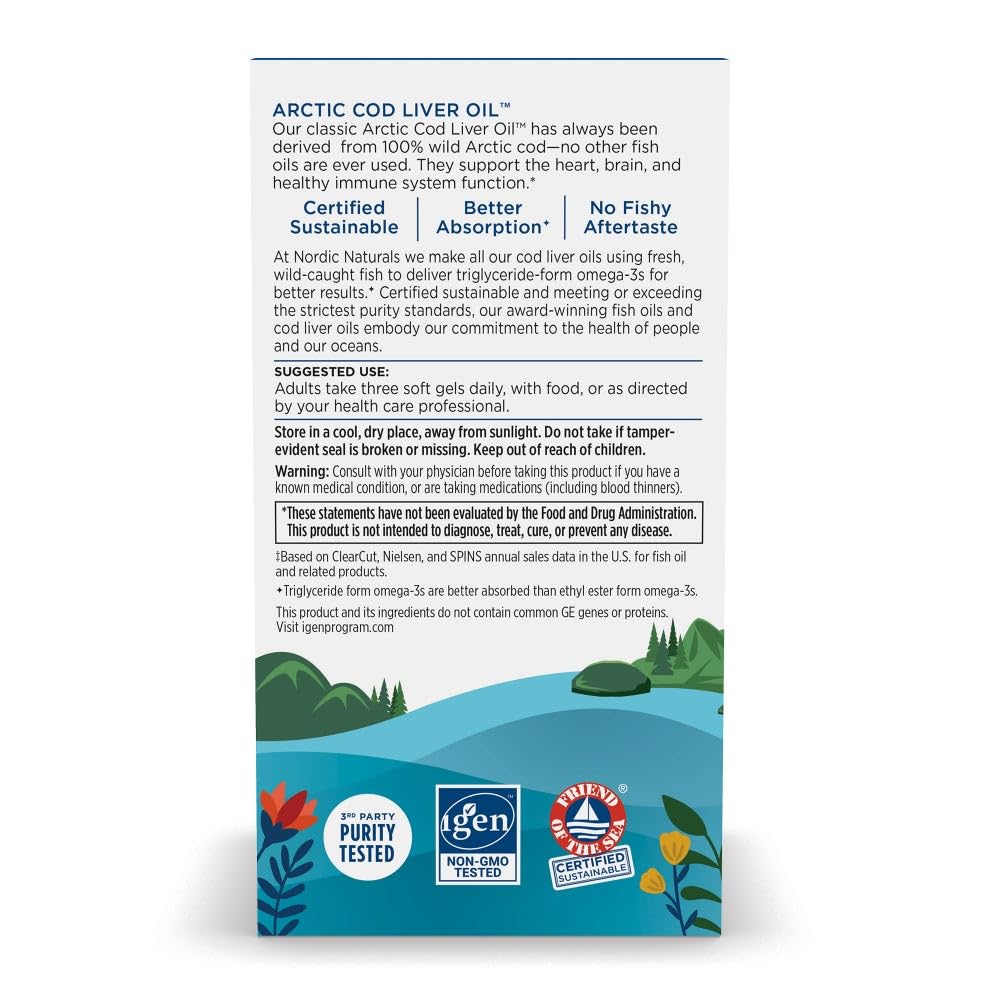 Nordic Naturals Arctic Cod Liver Oil lemon ingredients highlight 750 mg omega-3 per serving
