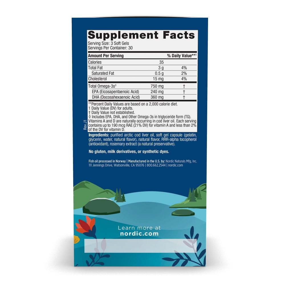 Nordic Naturals Arctic Cod Liver Oil lemon soft gels offer clean taste and easy daily omega-3 intake