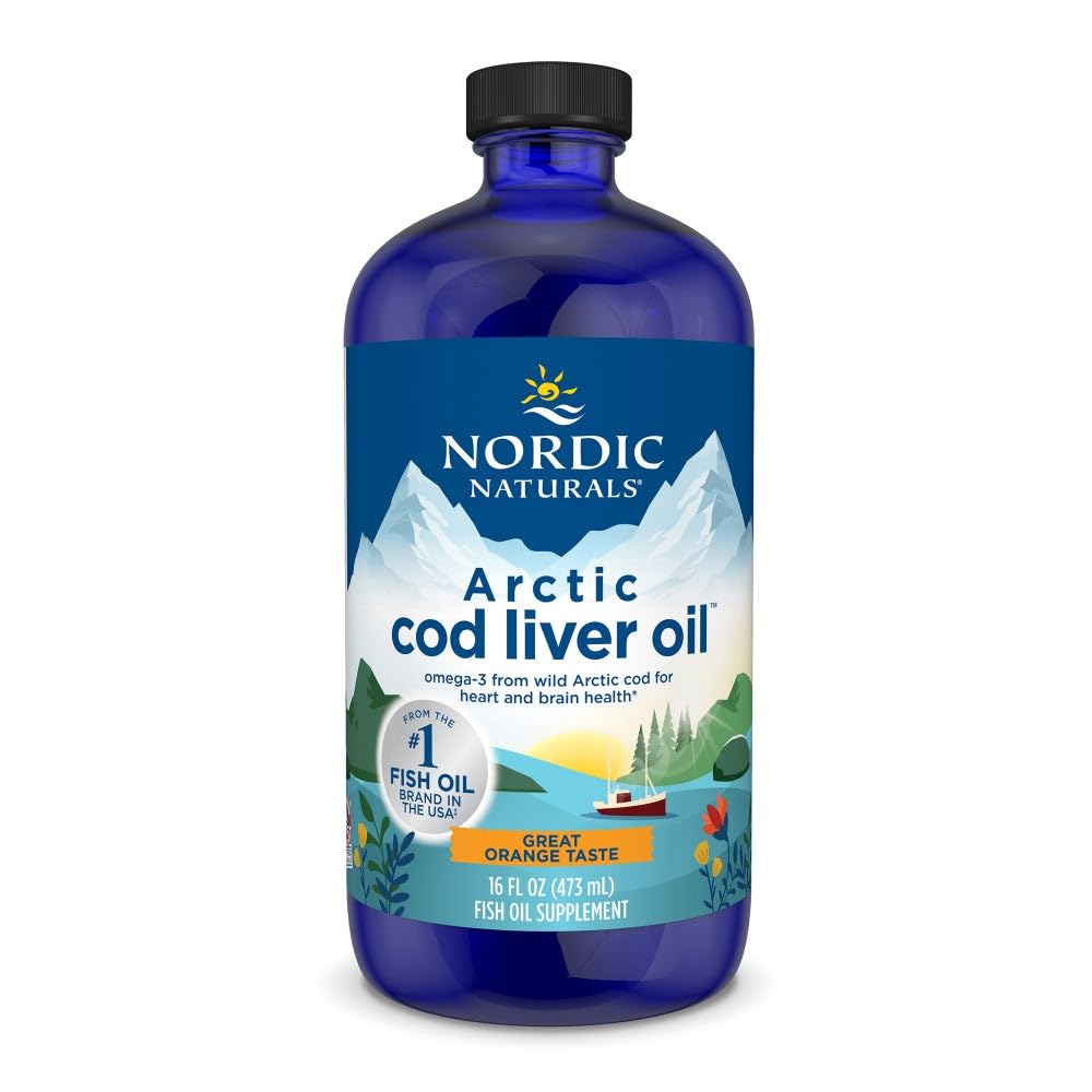 Nordic Naturals Arctic Cod Liver Oil orange bottle ready for daily use.