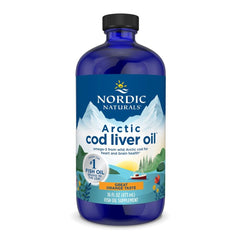 Nordic Naturals Arctic Cod Liver Oil orange bottle ready for daily use.