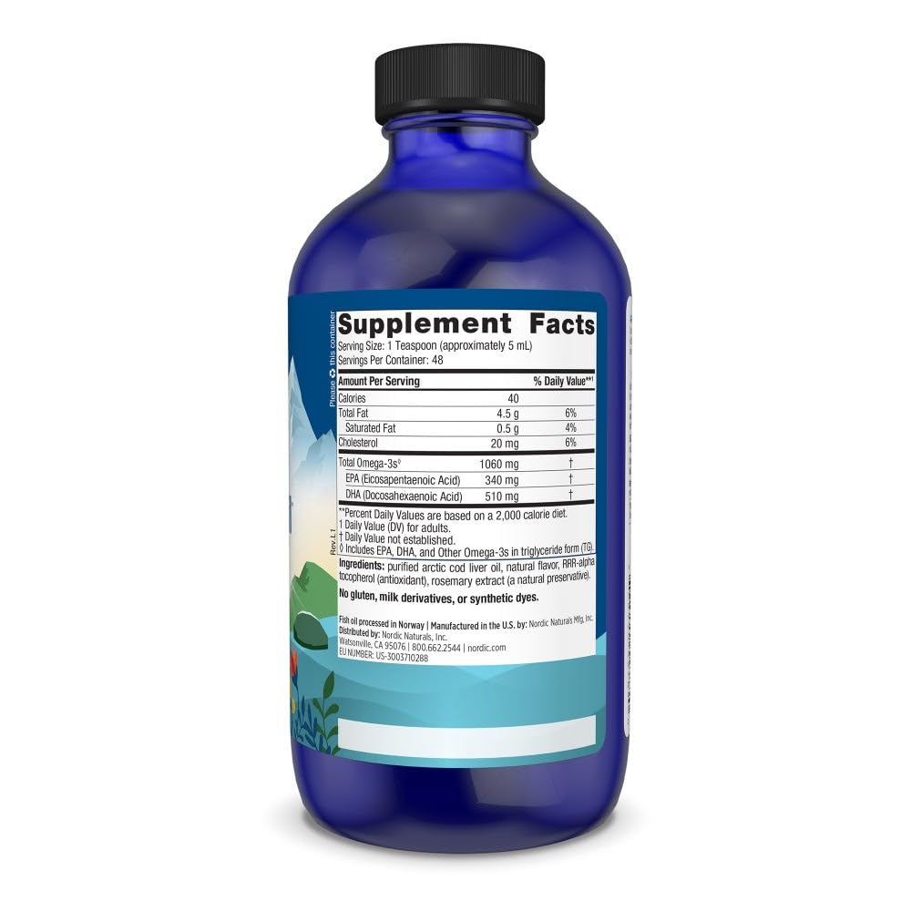 Nordic Naturals Arctic Cod Liver Oil orange bottle being poured for easy dosing.